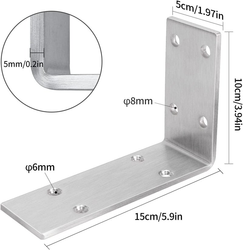 YUMORE Shelf Bracket Heavy Duty 6x4x2 in  1/5IN Extra Thick Solid L Brackets Stainless Steel Countertop Bar Top Support Brackets Wall Mounted  Includes Hardware  2 Pack - Image 2